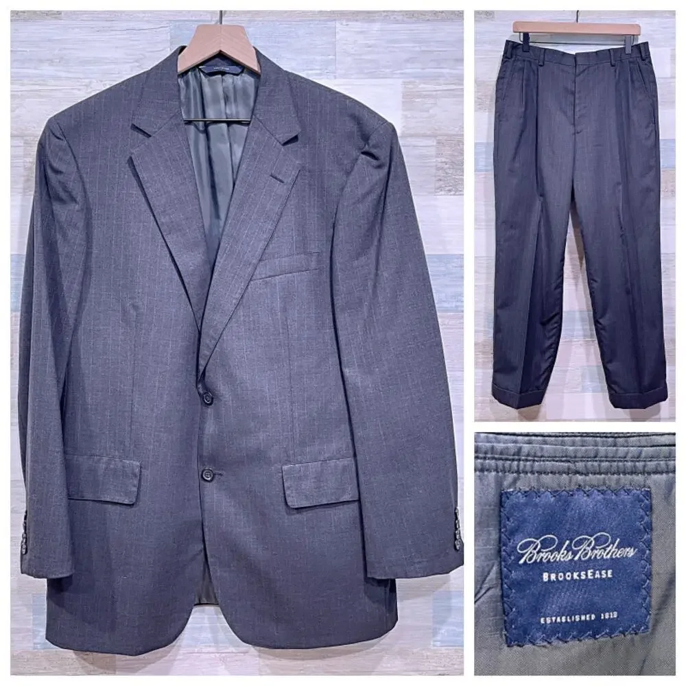 Brooks Brothers Brooksease Wool Suit Gray Stripe Mens 42R Pleated Pants 33W